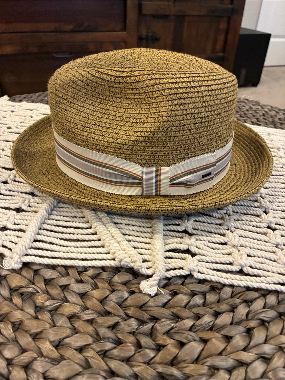 Bailey Of Hollywood Mustard Straw Fedora with Striped Ribbon